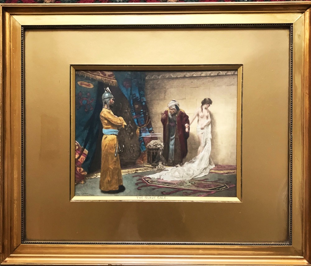Victorian Hand-Coloured Lithograph Painting Titled The Slave Sale After Oil Painting By Frederick Vezin (1859-1942) View II