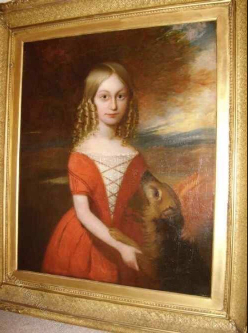 18thc Oil Portrait Painting Of Young Girl & Pet Dog