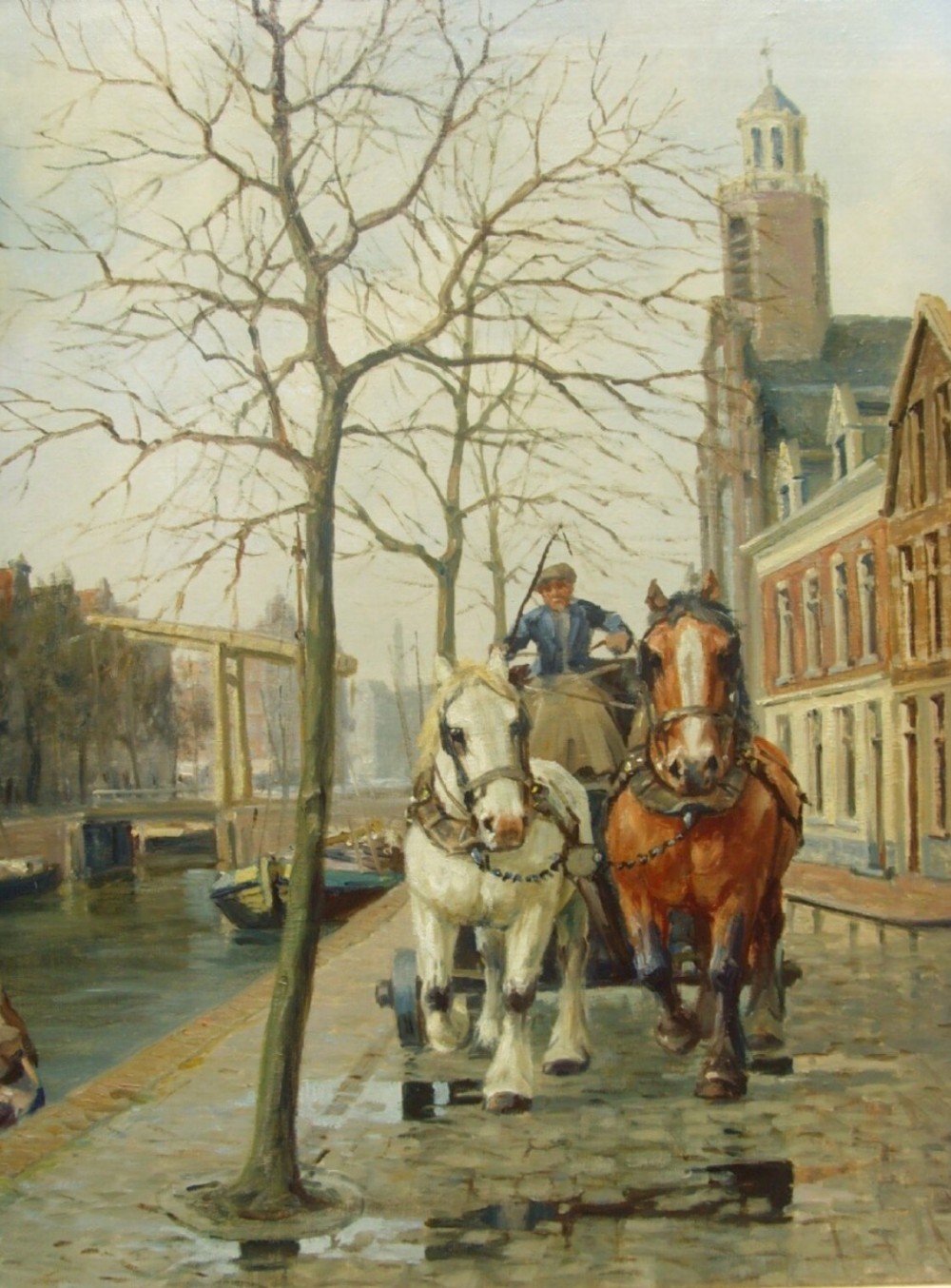 Oil Painting Of Amsterdam Canal & Street Scene Cart & Horses Galloping By Henk Welters (1885-1947)