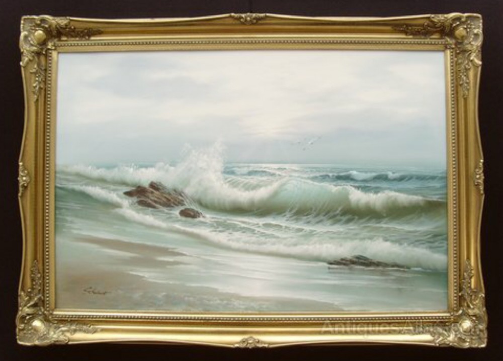 Huge Seascape Oil Painting Ocean Waves Breaking Shore By Artist Schubert