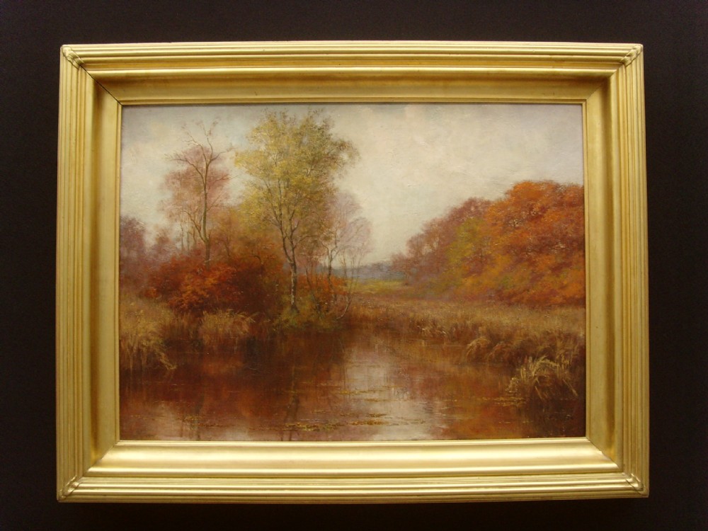 19thc Landscape Oil Painting By Mary Groves Moseley Pool Autumn River Scene