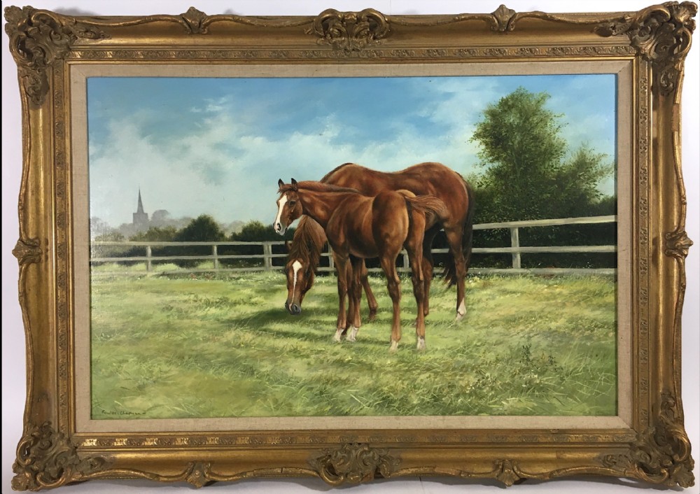 Large Vintage Equestrian Landscape Oil Painting Of Horses Swept Gilt Frame