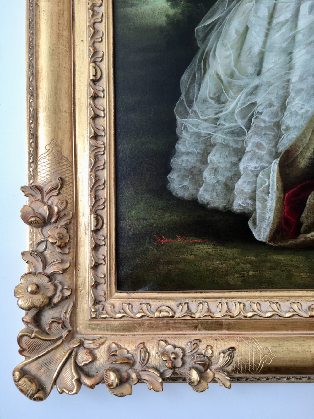 Portrait Of A Lady After Thomas Gainsborough (1727-1788) Embellished Oileograph Painting on Canvas ( Carved Wooden Gilt Swept Frame ) View V