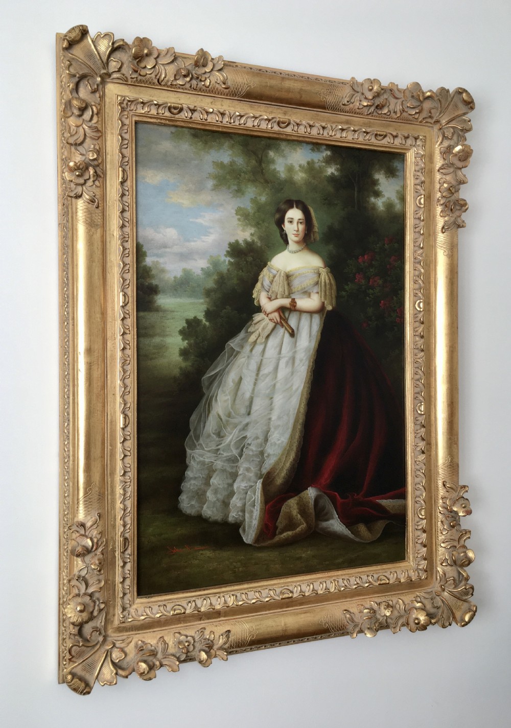 Portrait Of A Lady After Thomas Gainsborough (1727-1788) Embellished Oileograph Painting on Canvas ( Carved Wooden Gilt Swept Frame ) View VIII