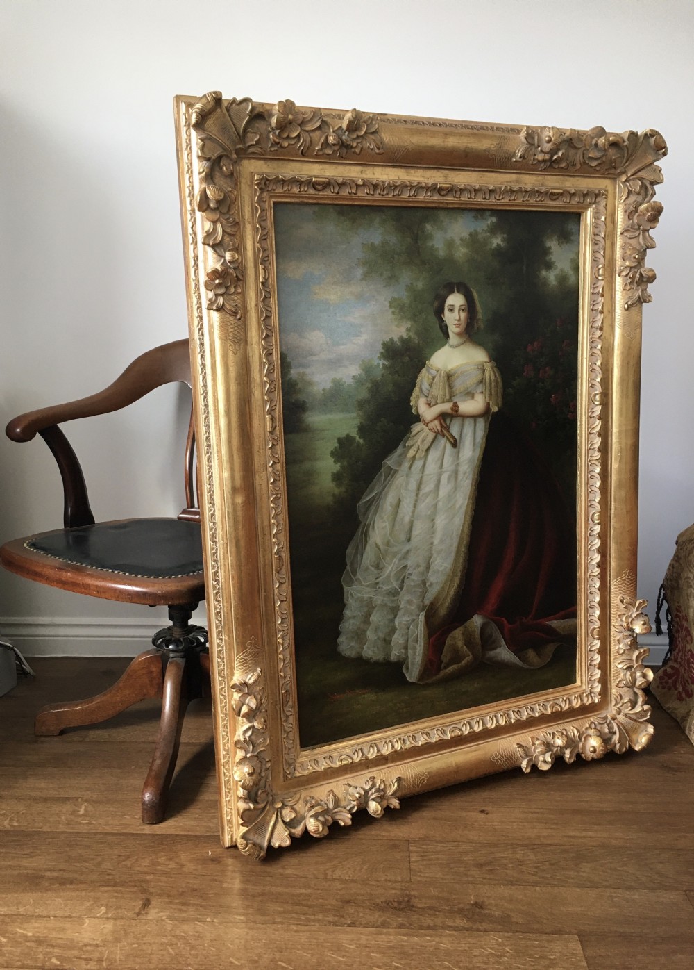 Portrait Of A Lady After Thomas Gainsborough (1727-1788) Embellished Oileograph Painting on Canvas ( Carved Wooden Gilt Swept Frame ) View III