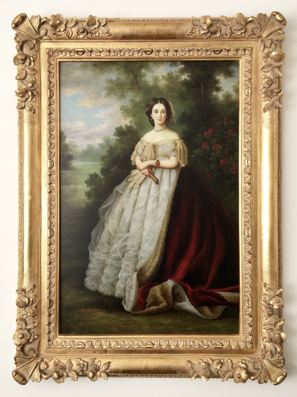 Portrait Of A Lady After Thomas Gainsborough (1727-1788) Embellished Oileograph Painting on Canvas ( Carved Wooden Gilt Swept Frame )