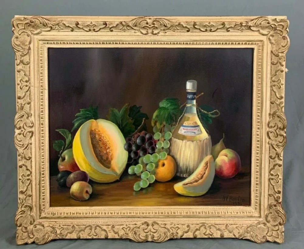Still Life Fruit Oil Portrait Painting Of Chianti Drinks Bottle