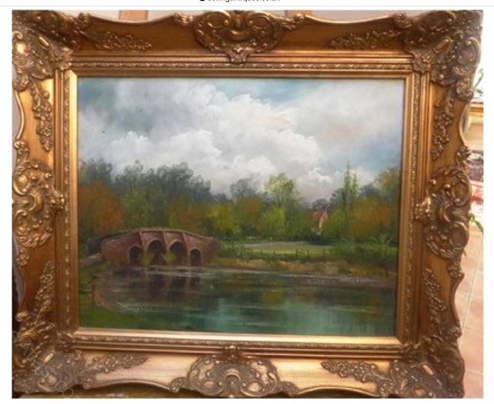 River Landscape Oil Painting With Stone Bridge 