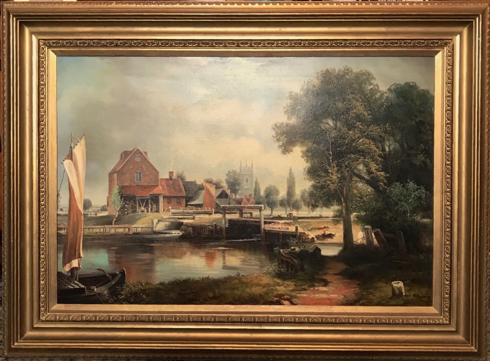 Dedham Lock & Mill After John Constable Large Landscape Oil Portrait Painting On Canvas 33.5 x 44.5 Inches