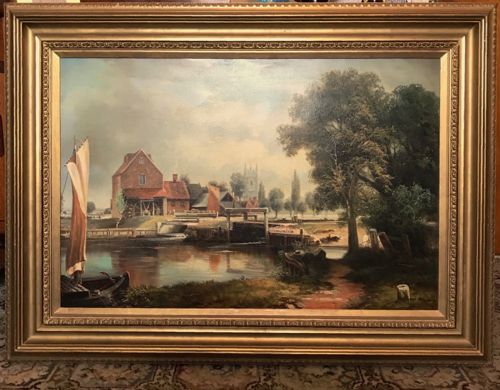 Dedham Lock & Mill After John Constable Large Landscape Oil Portrait Painting On Canvas 33.5 x 44.5 Inches View II