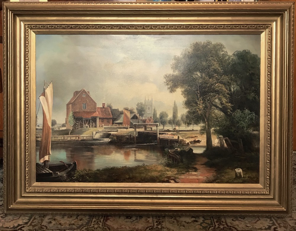 Dedham Lock & Mill After John Constable Large Landscape Oil Portrait Painting On Canvas 33.5 x 44.5 Inches View XVIII