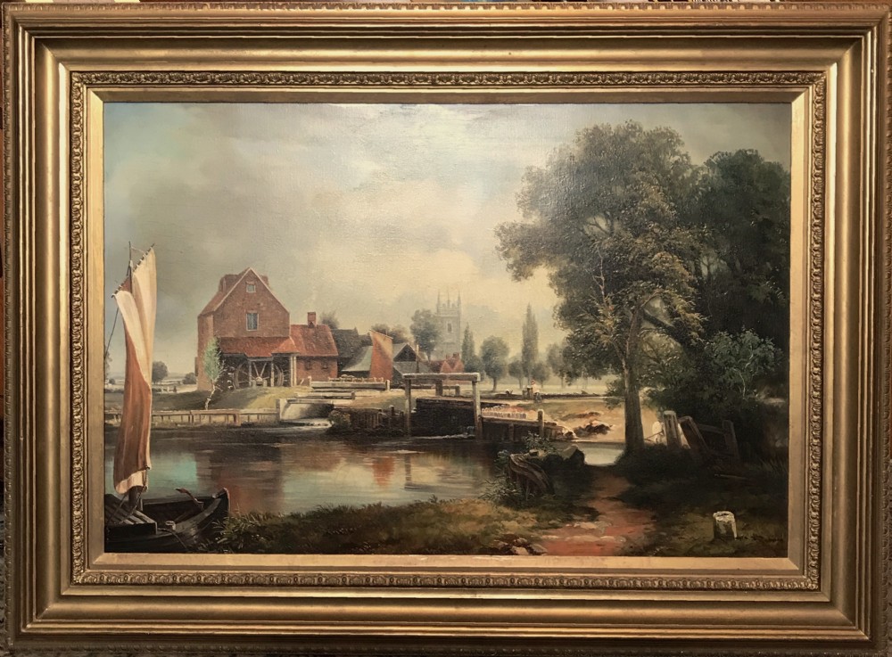Dedham Lock & Mill After John Constable Large Landscape Oil Portrait Painting On Canvas 33.5 x 44.5 Inches View XIX
