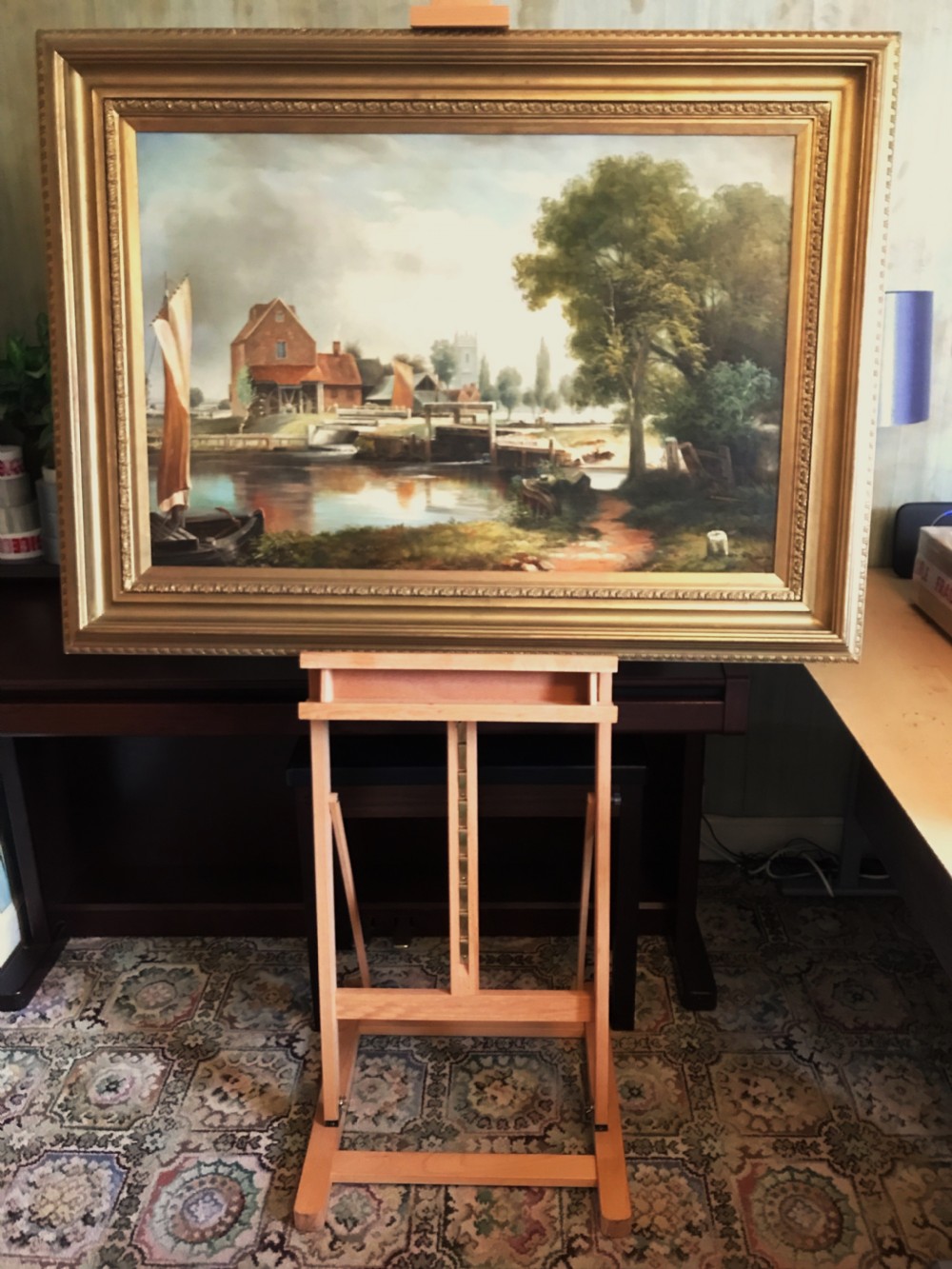 Dedham Lock & Mill After John Constable Large Landscape Oil Portrait Painting On Canvas 33.5 x 44.5 Inches View III