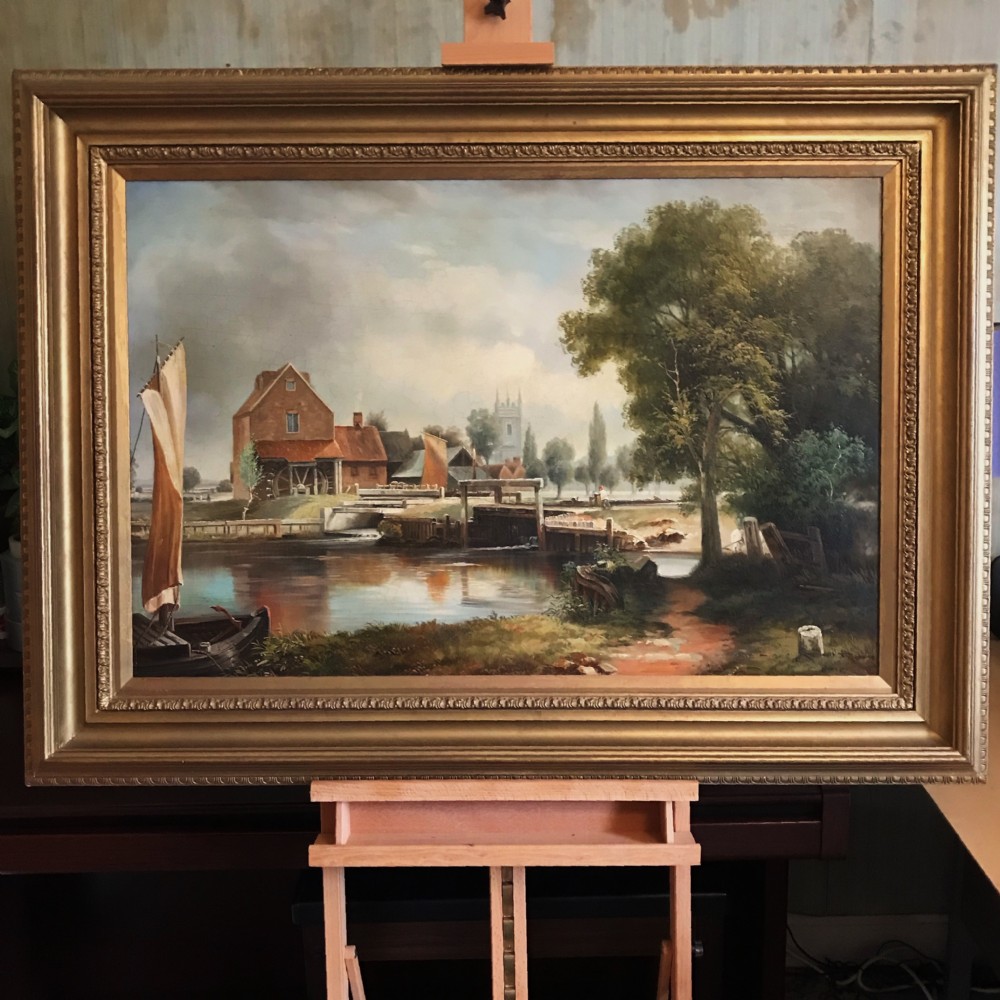 Dedham Lock & Mill After John Constable Large Landscape Oil Portrait Painting On Canvas 33.5 x 44.5 Inches View IV