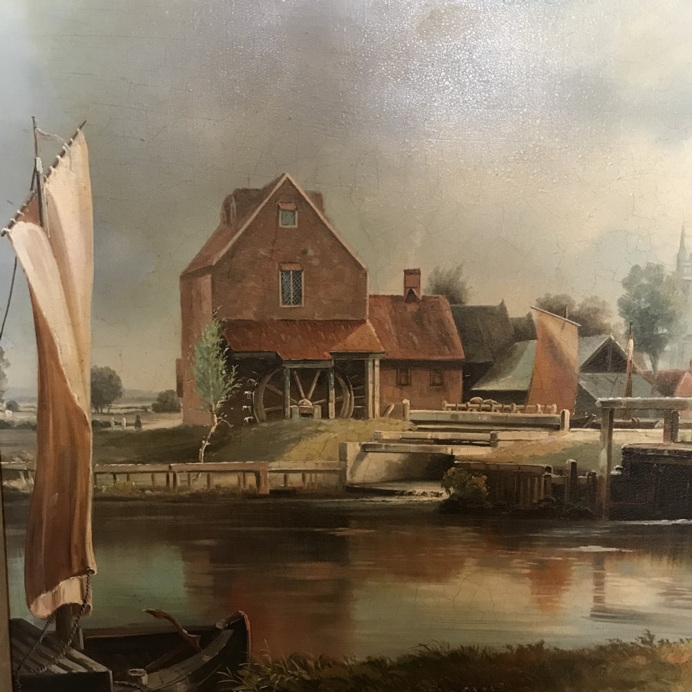 Dedham Lock & Mill After John Constable Large Landscape Oil Portrait Painting On Canvas 33.5 x 44.5 Inches View IX