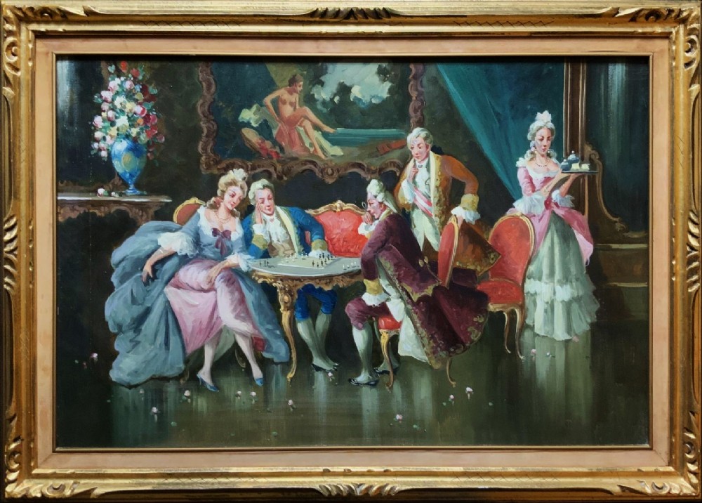 A framed oil painting portraying French courtiers in 18th-century attire playing chess in a palace interior.