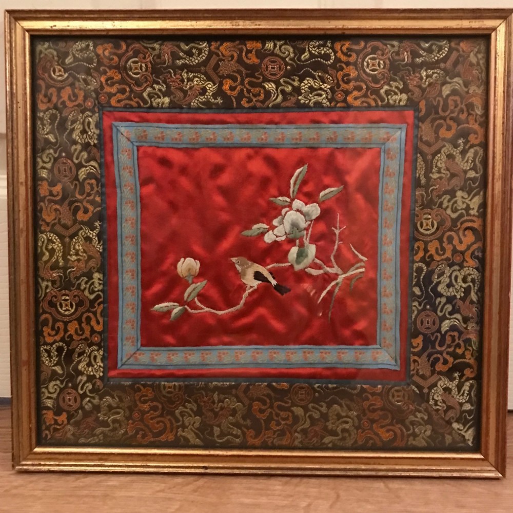 Chinese Silk Embroidery With Bird & Flowers