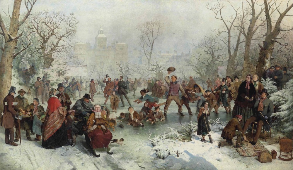 An ornate gilt-framed Victorian oil painting depicting a snow-covered village scene with figures walking past a stone church tower. View XVII