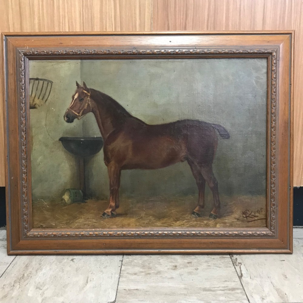 19th Equine Oil Paintings After John Herring Horse Portraits Of Bay Hunter In A Stable