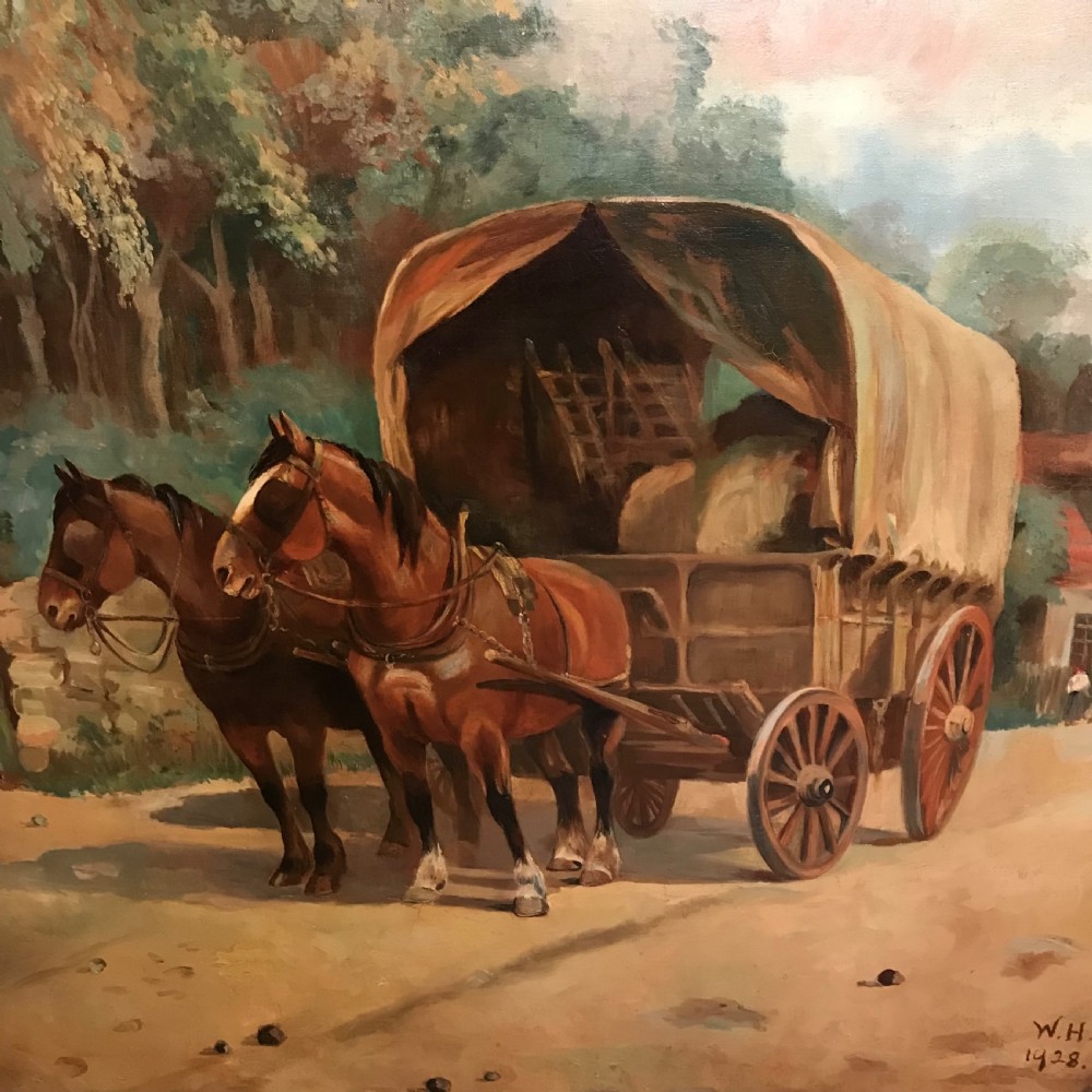 An oil painting depicting two brown horses pulling a covered wooden wagon along a dirt road adjacent to trees. View IV