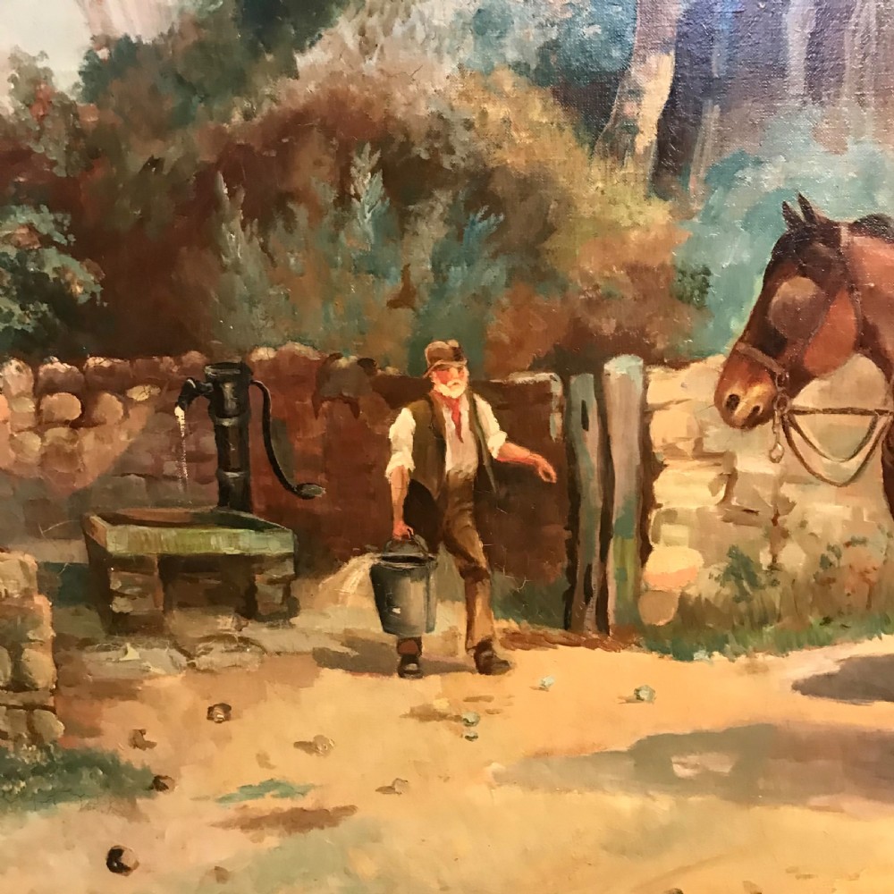 An oil painting depicting two brown horses pulling a covered wooden wagon along a dirt road adjacent to trees. View VII