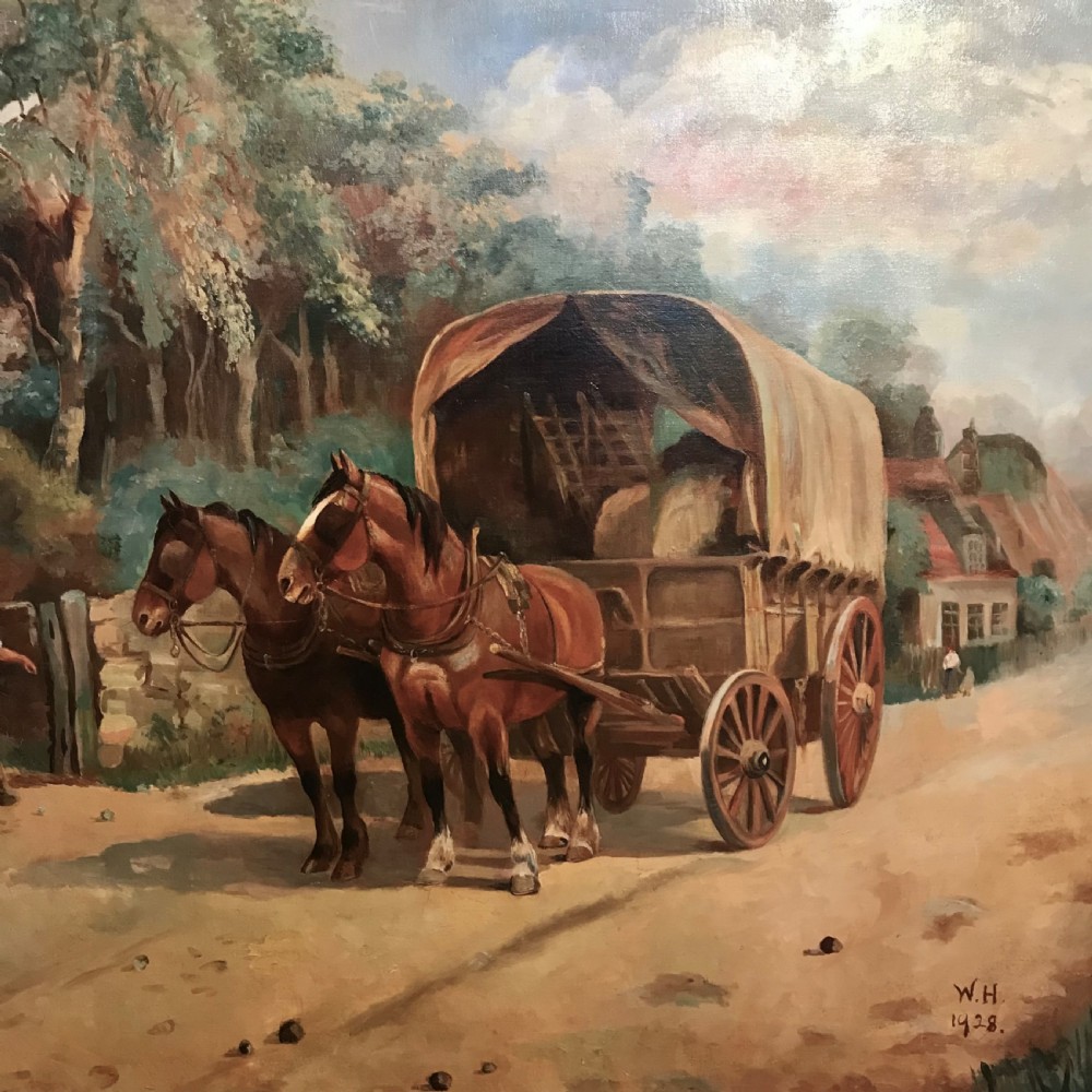 An oil painting depicting two brown horses pulling a covered wooden wagon along a dirt road adjacent to trees. View VIII