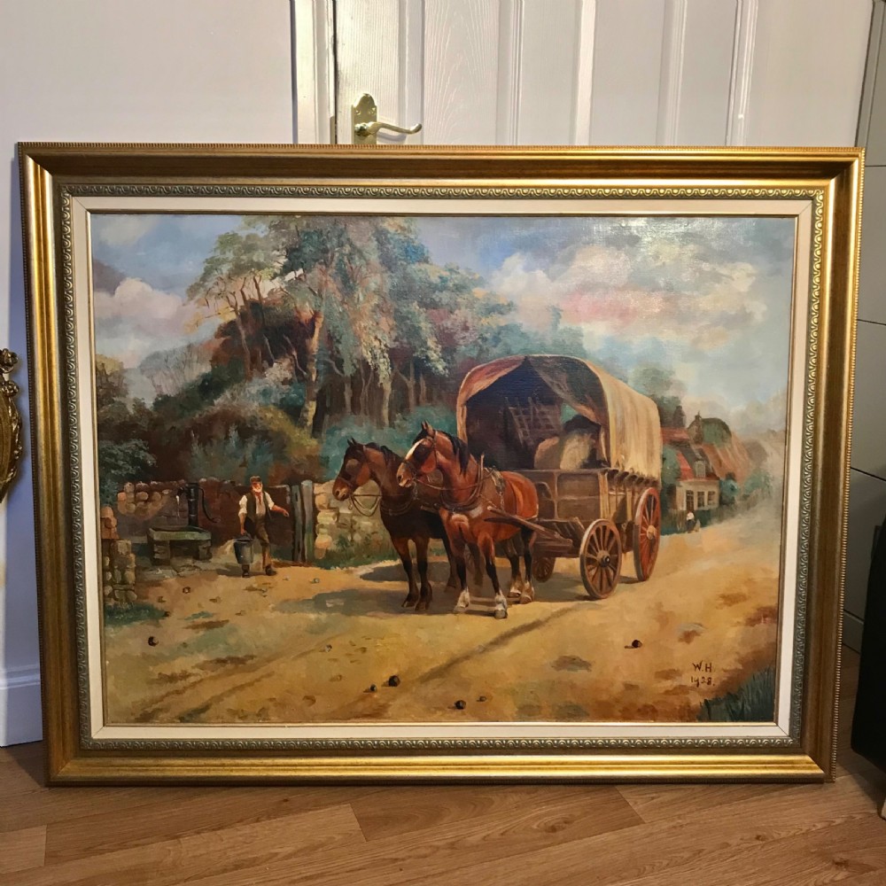 An oil painting depicting two brown horses pulling a covered wooden wagon along a dirt road adjacent to trees. View IX