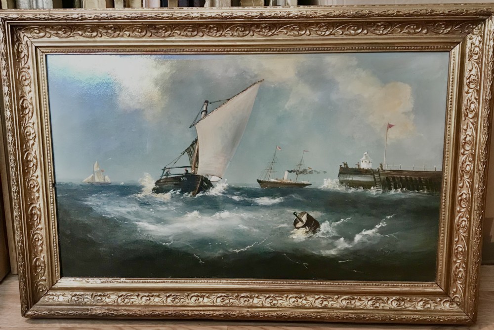 Gorleston Pier Oil Painting Great Yarmouth Historic Norfolk Marine Seascape Portrait of Harbour  View V