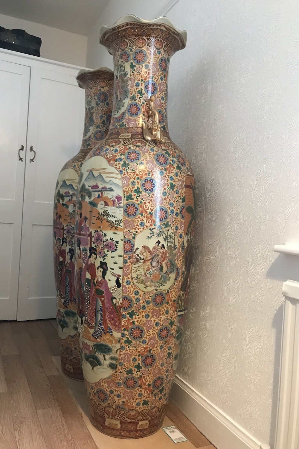 Oriental Japanese Vases Enamelled Porcelain Geisha Girls Decoration Hand Finished 63 Inches High View II