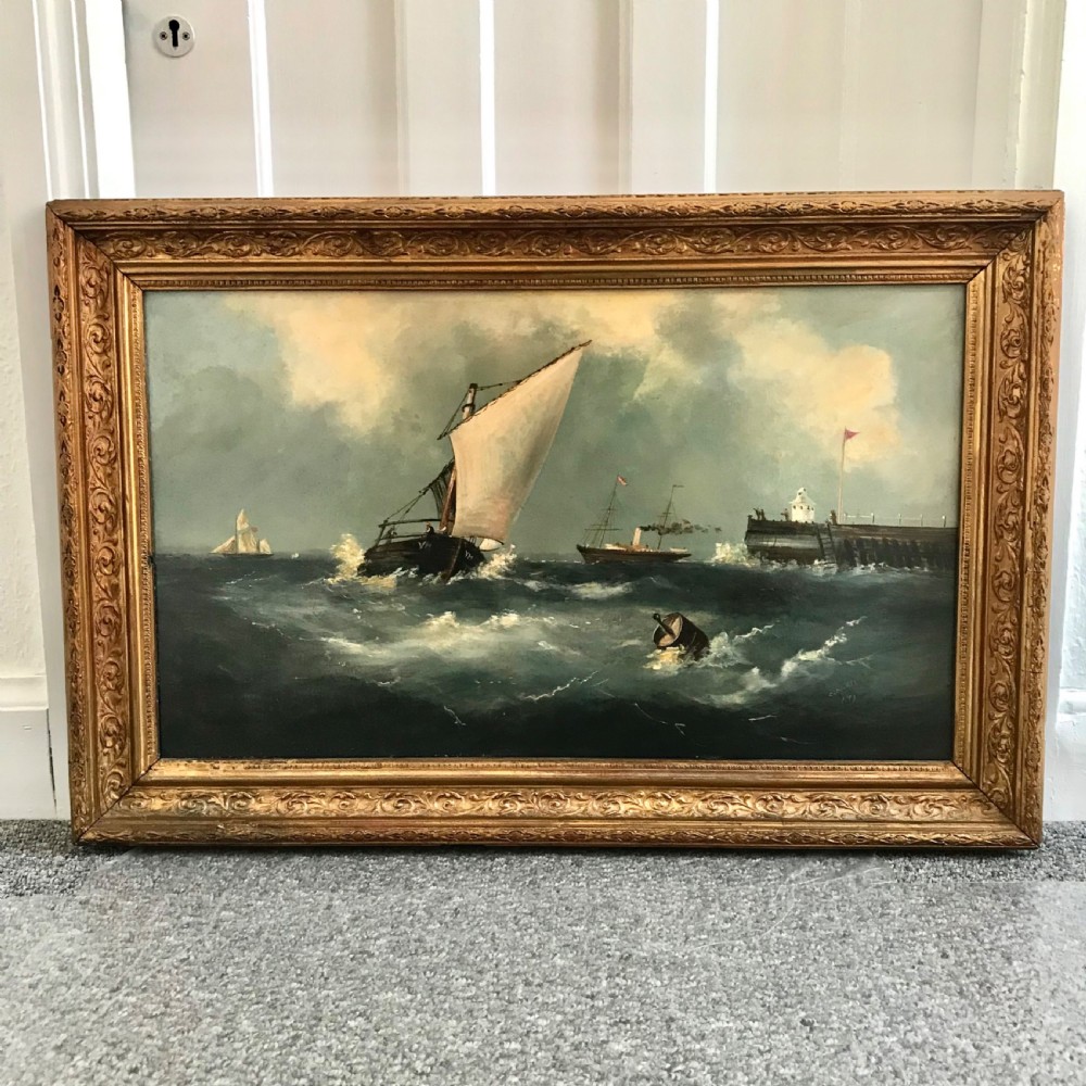 Gorleston Pier Oil Painting Great Yarmouth Norfolk Marine Seascape Portrait Of Harbour View II