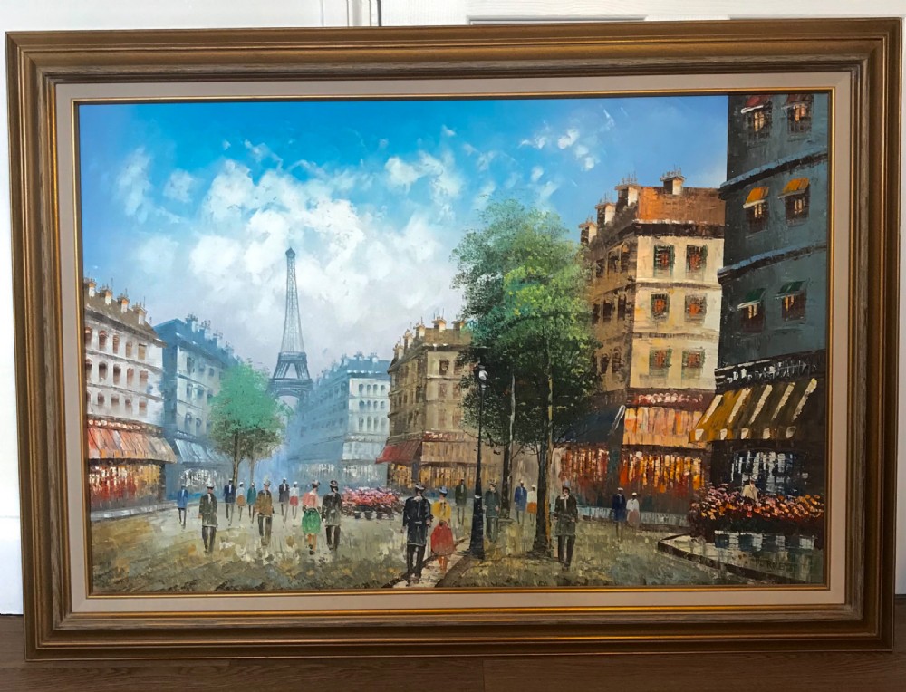 A large framed impressionist oil painting depicting a Parisian street scene with people walking towards the Eiffel Tower under a blue sky. View II