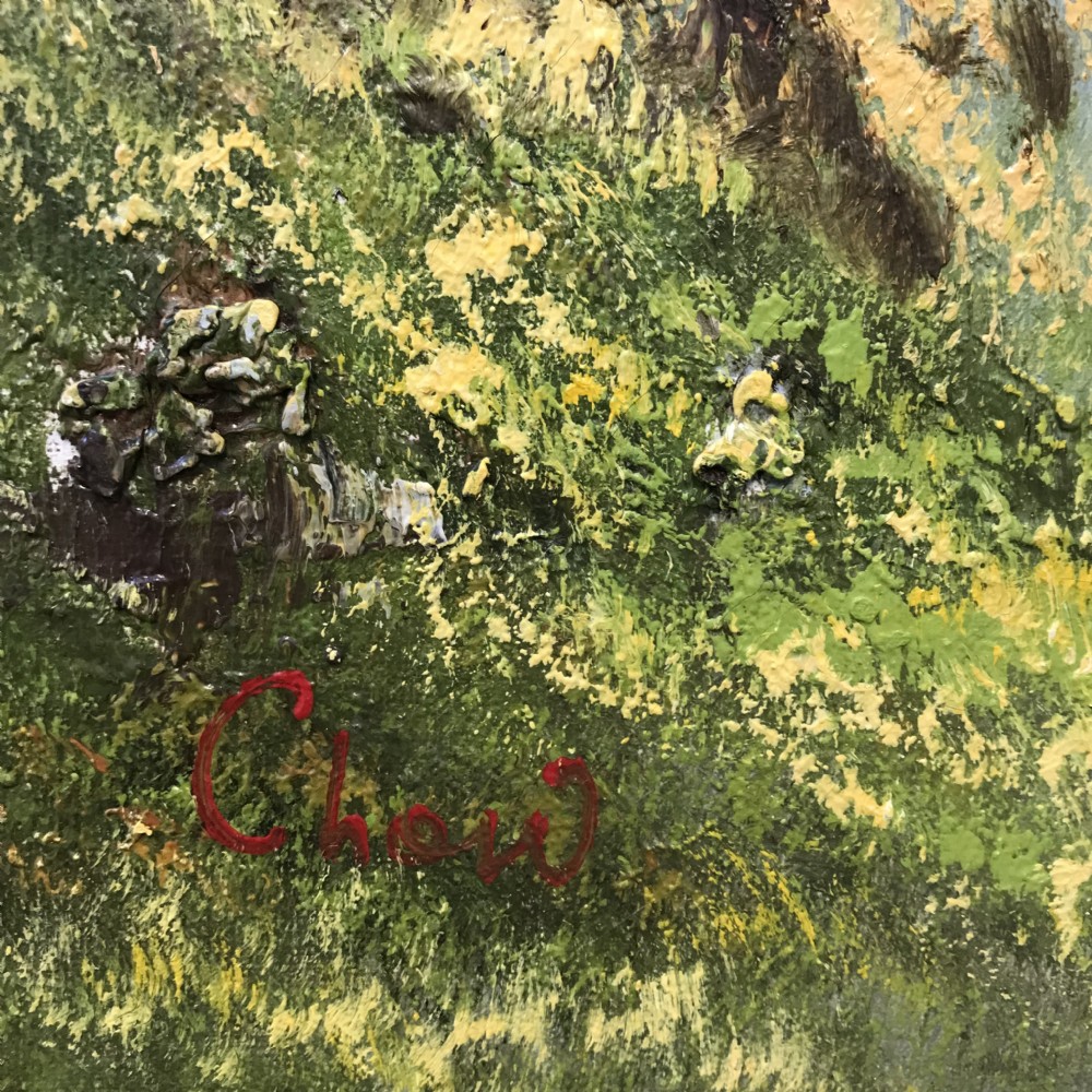 A large horizontal oil painting depicting the Great Wall of China winding through lush green mountains under a cloudy sky, encased in a metallic green and gold frame. View XIII