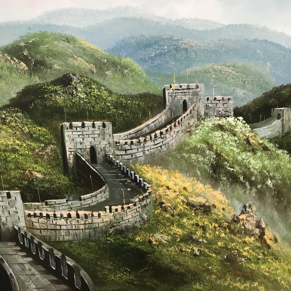 A large horizontal oil painting depicting the Great Wall of China winding through lush green mountains under a cloudy sky, encased in a metallic green and gold frame. View XIX