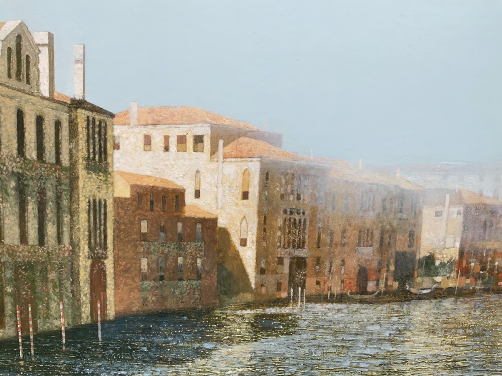 An oil painting on a wooden panel depicting Venetian palazzi along the Grand Canal under a light blue sky.
