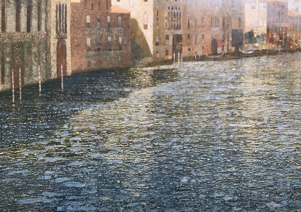 An oil painting on a wooden panel depicting Venetian palazzi along the Grand Canal under a light blue sky. View XVII