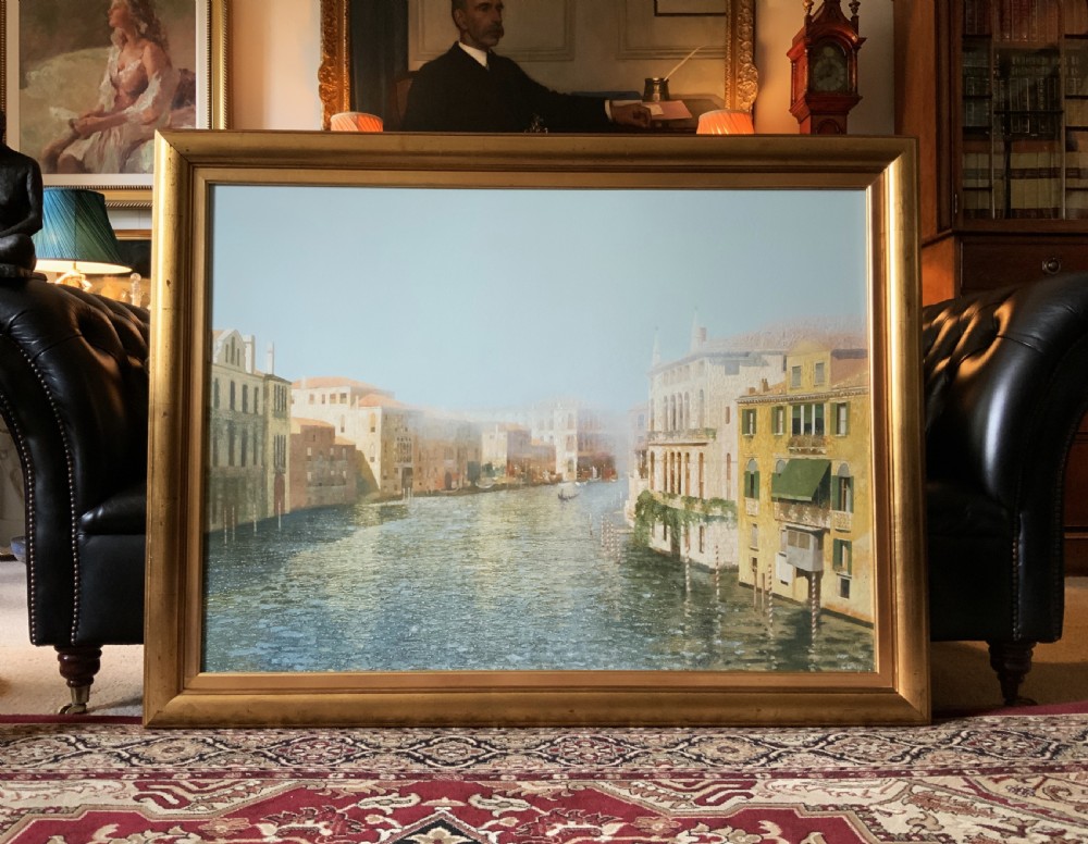 An oil painting on a wooden panel depicting Venetian palazzi along the Grand Canal under a light blue sky. View XIX