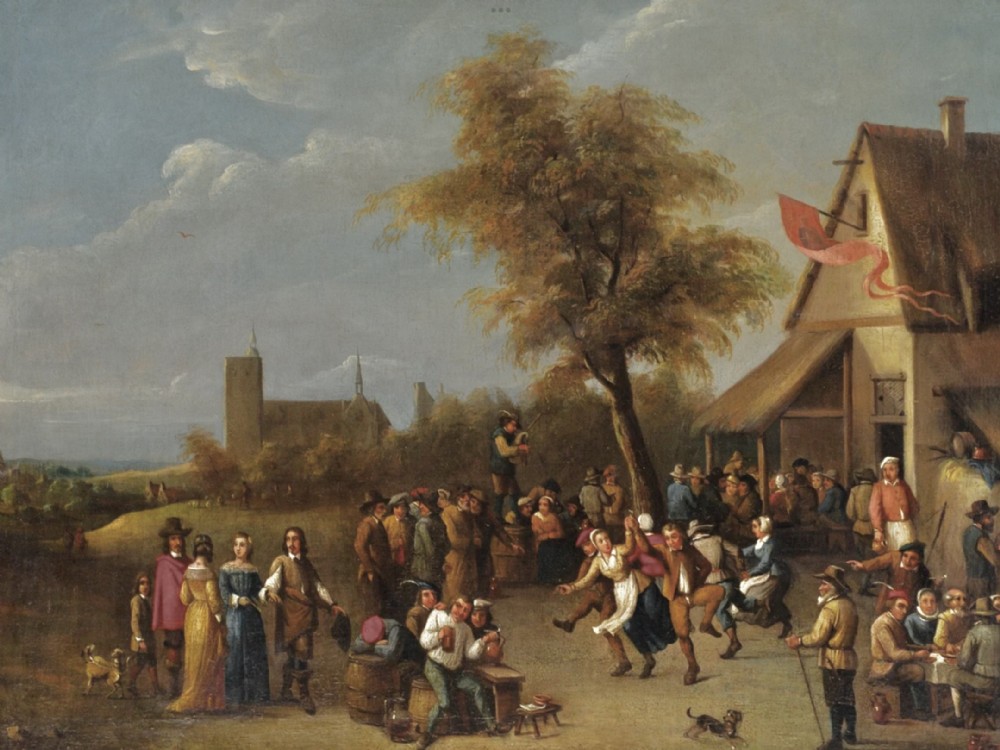 An oil painting in a gilded frame depicting peasants dancing and gathering outside a rustic village tavern in an expansive landscape. View II