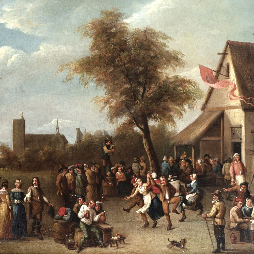 An oil painting in a gilded frame depicting peasants dancing and gathering outside a rustic village tavern in an expansive landscape. View III