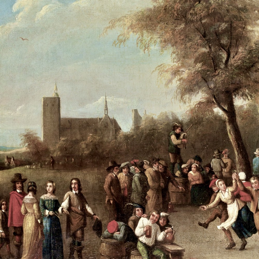 An oil painting in a gilded frame depicting peasants dancing and gathering outside a rustic village tavern in an expansive landscape. View IV