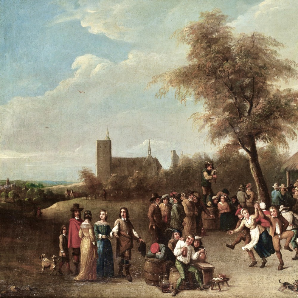 An oil painting in a gilded frame depicting peasants dancing and gathering outside a rustic village tavern in an expansive landscape. View V