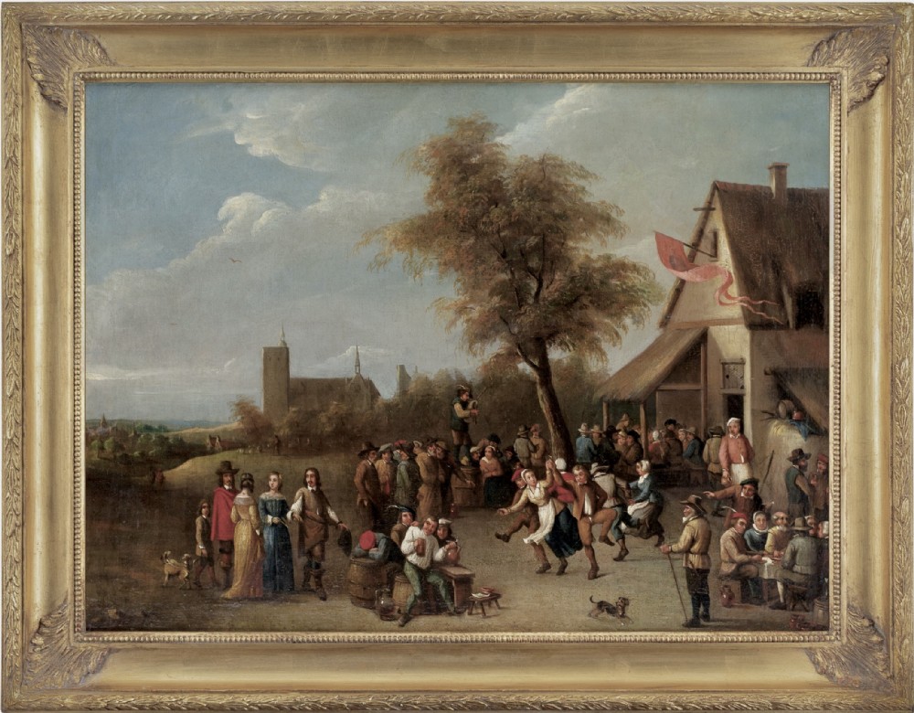 An oil painting in a gilded frame depicting peasants dancing and gathering outside a rustic village tavern in an expansive landscape. View VII