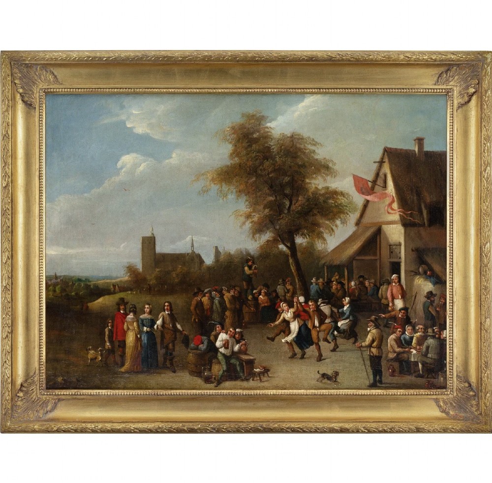 An oil painting in a gilded frame depicting peasants dancing and gathering outside a rustic village tavern in an expansive landscape. View IX
