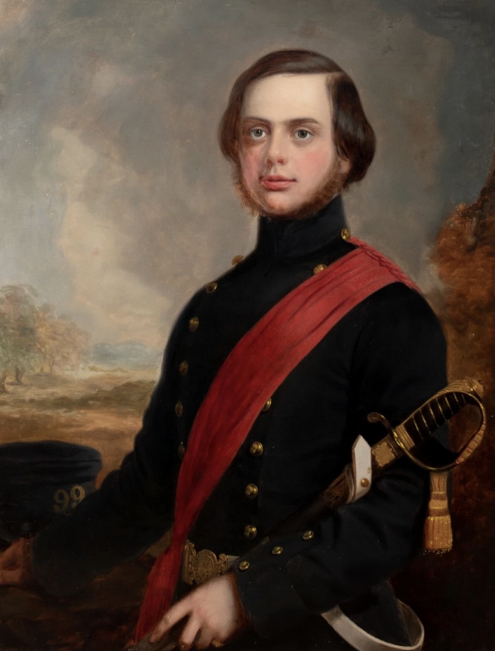 A nineteenth-century oil portrait on canvas depicting a British military officer in a dark tunic with a red sash, framed in an ornate gilt wood frame. View III