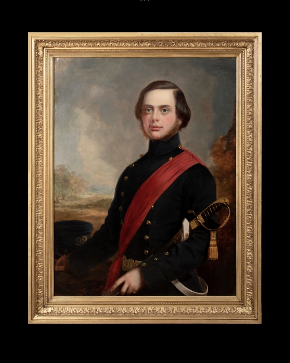 A 19th-century oil portrait of a young military officer wearing a dark uniform with brass buttons and a red sash. View V