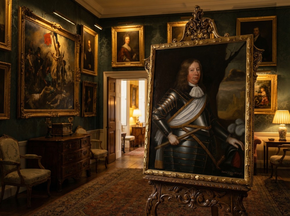 A seventeenth-century oil painting portraying a gentleman in plate armour with a lace cravat, set within an ornate gilded frame. View X