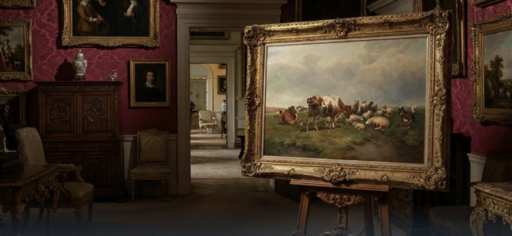 A Victorian pastoral oil painting depicting a reddish-brown and white cow standing alongside several resting sheep in a grassy pasture. View XI