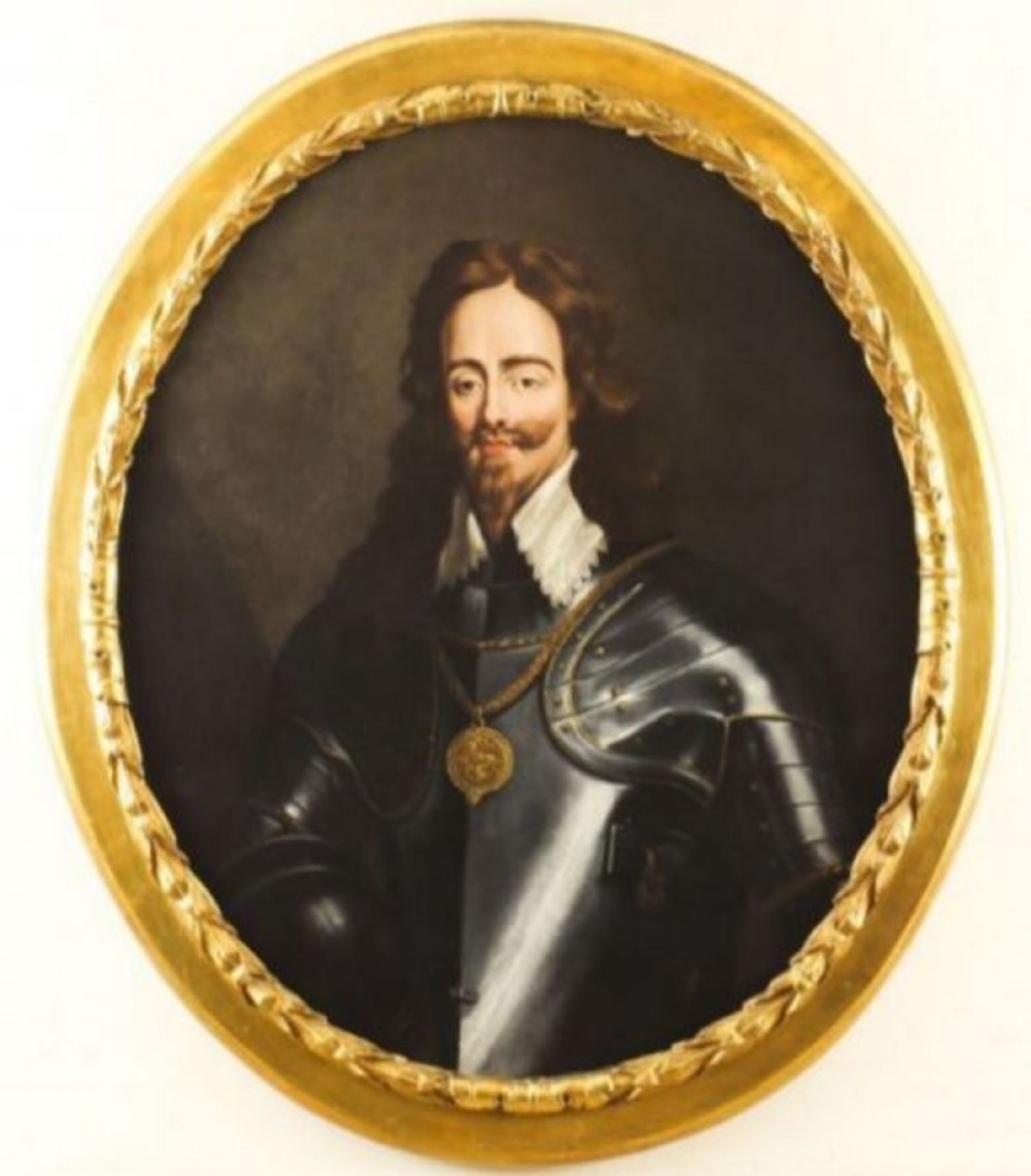 An eighteenth-century oval oil painting depicting King Charles I wearing plate armour and a lace collar within a gilded frame. View XII