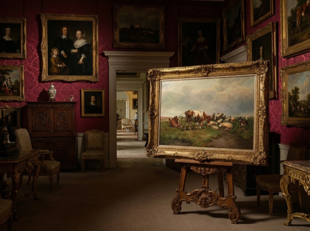 A large 19th-century oil painting depicting cattle and sheep resting in a grassy pasture, set within an ornate carved giltwood frame. View II