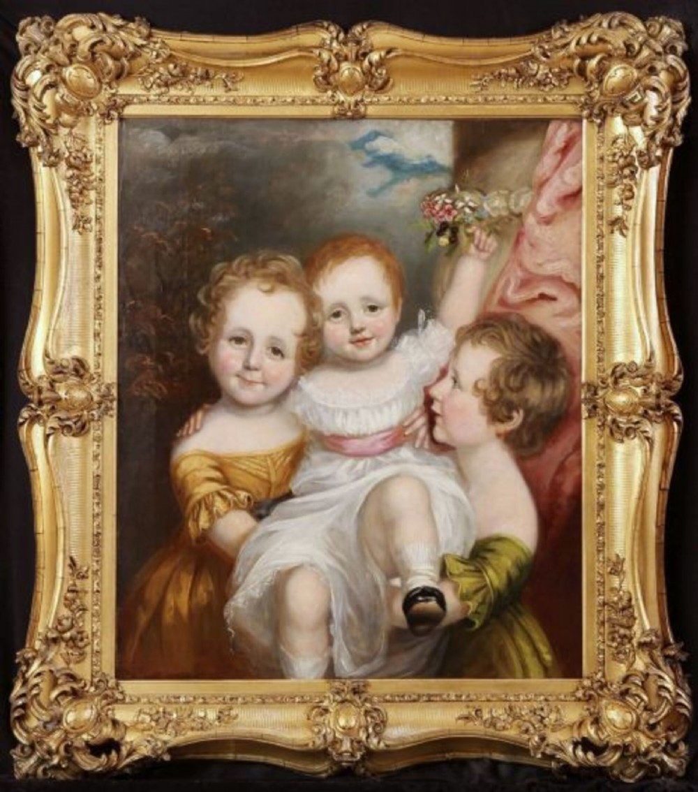 A 19th-century oil painting on canvas depicting two young children in the style of Sir Thomas Lawrence, presented in a frame. View XII
