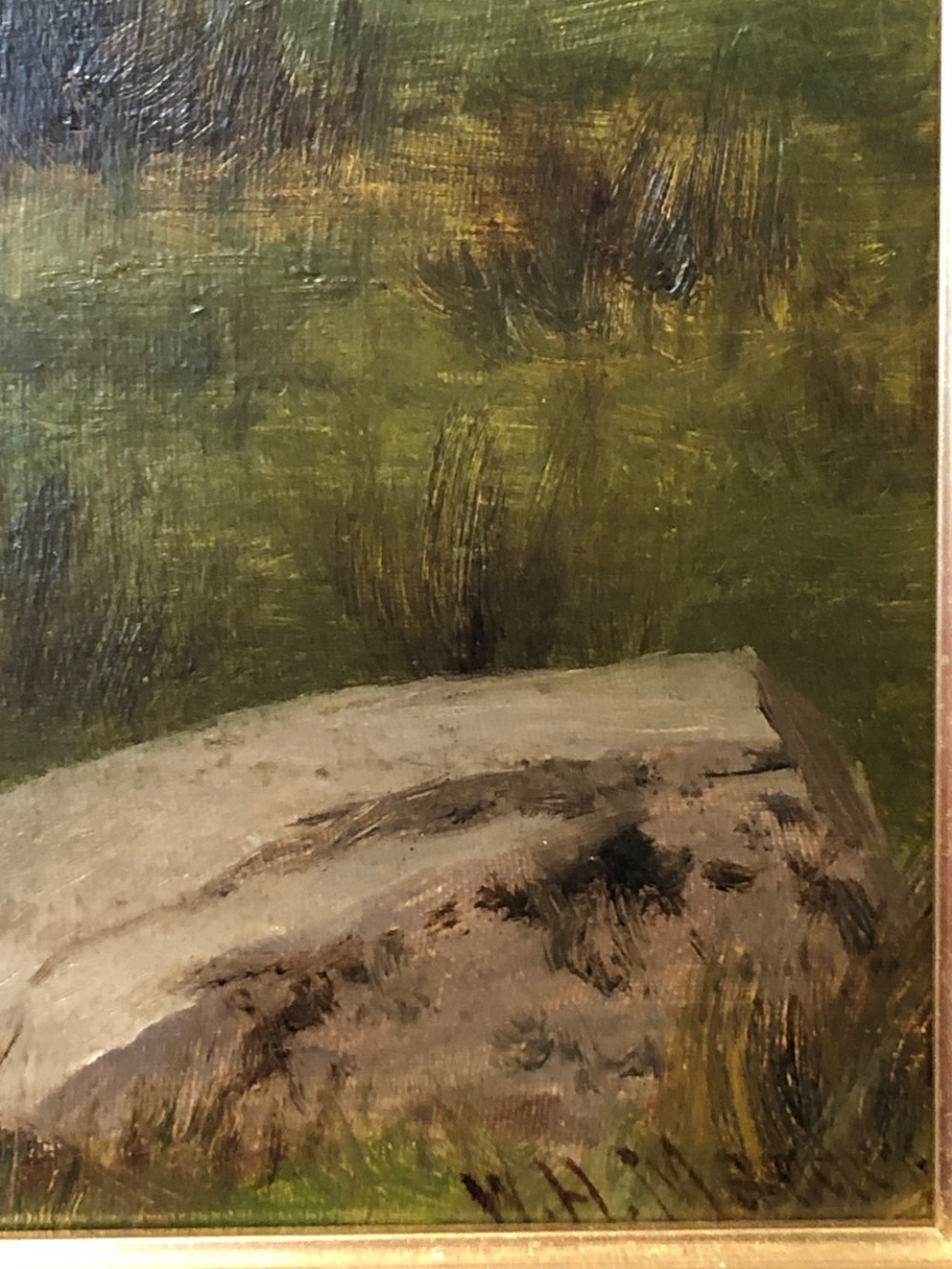 A 19th-century oil painting depicting a flock of sheep on a grassy hillside path with distant mountains, housed in a carved giltwood frame. View III